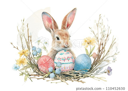 Watercolor rabbit with Easter egg, wreath of spring flowers and willow branches Watercolor rabbit with Easter egg, wreath of spring flowers and willow branches 110452630