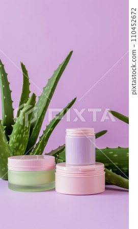 Arrangement of aloe skincare products, delicate containers set with aloe vera leaves on a pastel lavender vertical background 110452672