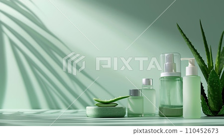 Aloe vera skincare flat lay, bottles and jars on a calming sea green surface with aloe leaves 110452673