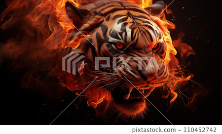AI-generated content. Head of an angry, fiery tiger, on a black background 110452742