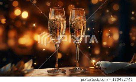 AI-generated content. Two glasses of champagne with particles of gold stand on the table in the evening, 110452745