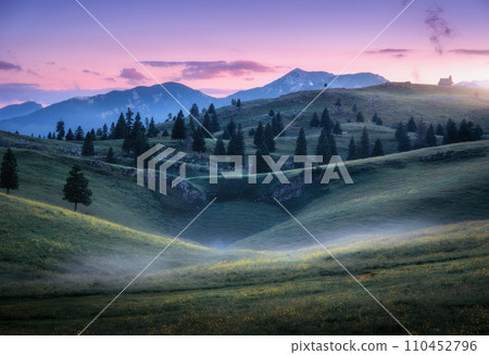 Beautiful mountain valley with green hills and meadows in fog Beautiful mountain valley with green hills and meadows in fog 110452796
