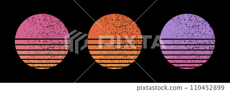 Retro grunge sunset collection. Vector 80s vintage circle sun set circle  110452899