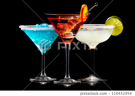 Set and collection of classic alcohol cocktails or mocktail isolated on white background with fresh summer fruits Set and collection of classic alcohol cocktails or mocktail isolated on white background with fresh summer fruits 110452954