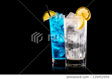 Set of classic Tom Collins or Whiskey sour cocktail with a maraschino cherry and lemon slice on black background Set of classic Tom Collins or Whiskey sour cocktail with a maraschino cherry and lemon slice on black background 110452956