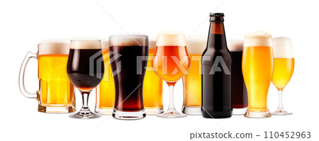 Set of Beer glasses and bottles on a white background. Mugs with drink like Ipa, Pale Ale, Pilsner, Porter or Stout Set of Beer glasses and bottles on a white background. Mugs with drink like Ipa, Pale Ale, Pilsner, Porter or Stout 110452963