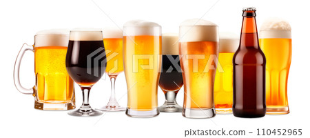 Set of Beer glasses and bottles on a white background. Mugs with drink like Ipa, Pale Ale, Pilsner, Porter or Stout 110452965