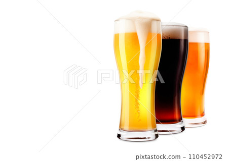 Set of Beer glasses on a white background. Mugs with drink like Ipa, Pale Ale, Pilsner, Porter or Stout 110452972