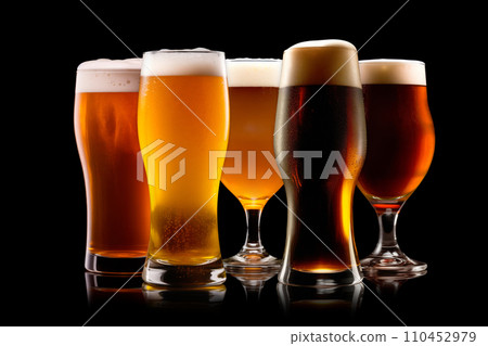 Set of Beer glasses on a black background. Mugs with drink like Ipa, Pale Ale, Pilsner, Porter or Stout Set of Beer glasses on a black background. Mugs with drink like Ipa, Pale Ale, Pilsner, Porter or Stout 110452979