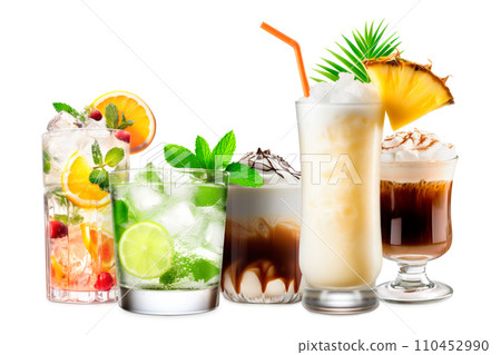 Set and collection of classic alcohol cocktails or mocktail isolated on white background with fresh summer fruits Set and collection of classic alcohol cocktails or mocktail isolated on white background with fresh summer fruits 110452990