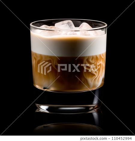 White Russian cocktail featuring layers of cream, coffee liqueur and vodka White Russian cocktail featuring layers of cream, coffee liqueur and vodka 110452994