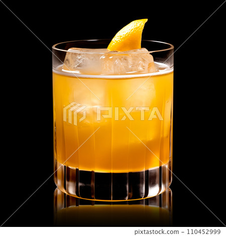 Maple Whiskey Sour cocktail garnished with a lemon in rocks glass on white background 110452999