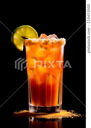 Michelada cocktail in beer glass featuring with beer, lime juice, tomato juice, spicy sauce and spices on black. Michelada cocktail in beer glass featuring with beer, lime juice, tomato juice, spicy sauce and spices on black. 110453000