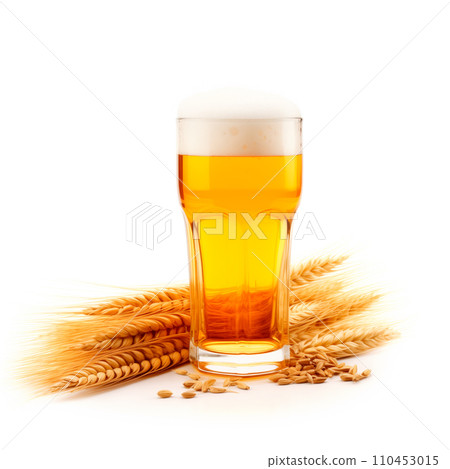 Beer in mug with wheat ears spikelets on white background. Mugs with drink like Ipa, Pale Ale, Pilsner, Porter or Stout Beer in mug with wheat ears spikelets on white background. Mugs with drink like Ipa, Pale Ale, Pilsner, Porter or Stout 110453015
