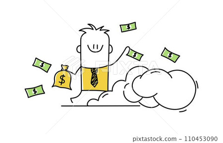 Successful stick man, businessman with money on the cloud. Successful stick man, businessman with money on the cloud. 110453090