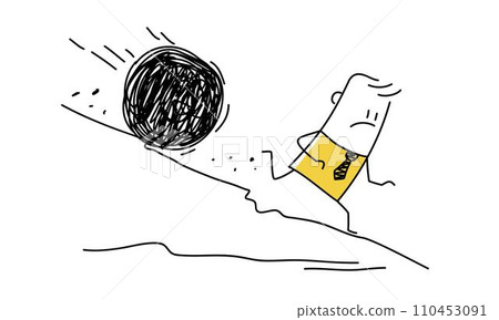 Stick man runs away from a large stone rolling down the hill. Stick man runs away from a large stone rolling down the hill. 110453091
