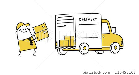 Stick figure man with cardboard boxes. Delivery truck with cardboard boxes. Delivery service concept. 110453105