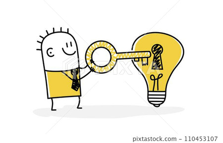 Smart stickman holding golden key. Business idea, invent new product. Smart stickman holding golden key. Business idea, invent new product. 110453107