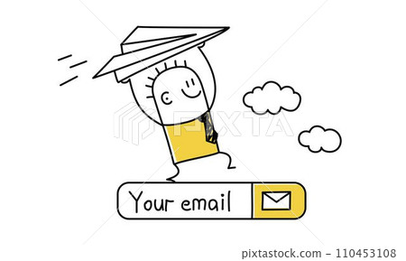 Stick figure. Businessman launching origami paper airplane. Online communication. Stick figure. Businessman launching origami paper airplane. Online communication. 110453108