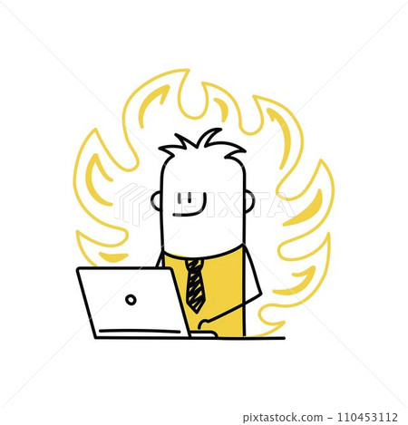 Stick figure. Man is working with a computer and a fire is burning behind him. Stick figure. Man is working with a computer and a fire is burning behind him. 110453112