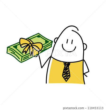 Stickman, businessman giving banknotes cash with reward ribbon. Stickman, businessman giving banknotes cash with reward ribbon. 110453113