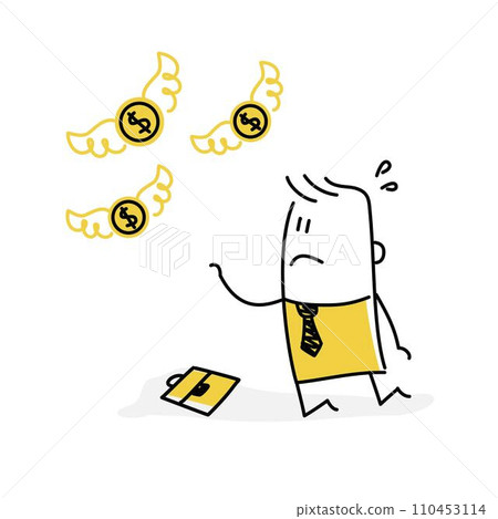Sad stickman watching his money coin flying away. Sad stickman watching his money coin flying away. 110453114