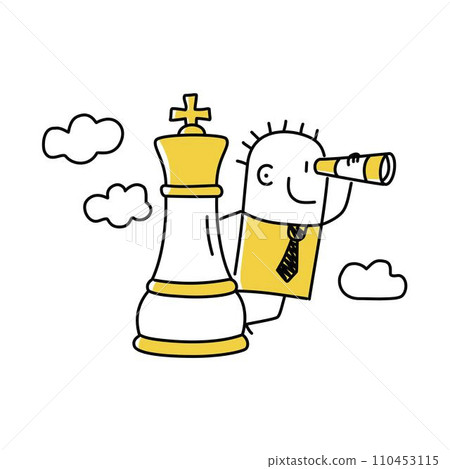 Stickman standing on king chess piece using telescope to see business vision. 110453115