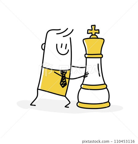 Stickman, businessman investor pushing chess king. Stickman, businessman investor pushing chess king. 110453116