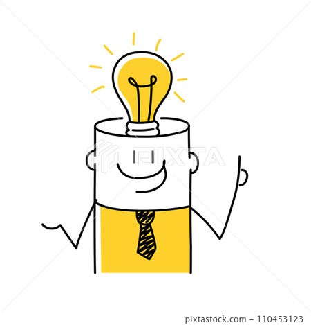 Stick man, businessman with idea and light bulb above his head. Stick man, businessman with idea and light bulb above his head. 110453123