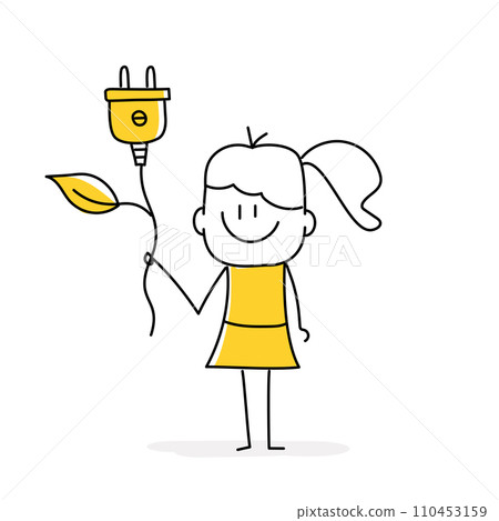 Stick figure, girl holding two pin power cable with eco concept. 110453159