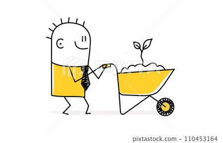 Stickman is carrying cart with earth and plant. 110453164