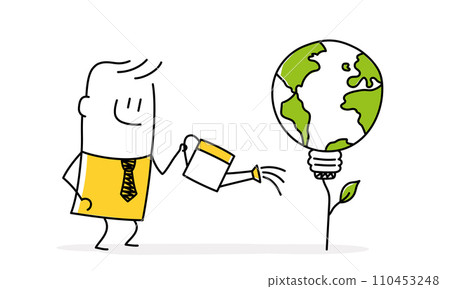 Stickman watering a light bulb plant, globe. 110453248