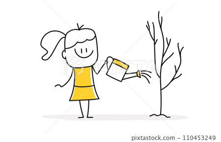 Stick figure, woman is watering young tree. 110453249