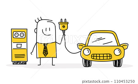 Stickman charging his electric car at the charging station. 110453250