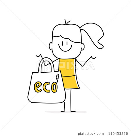 Stick figure, woman with eco-friendly bag in her hands. Stick figure, woman with eco-friendly bag in her hands. 110453256