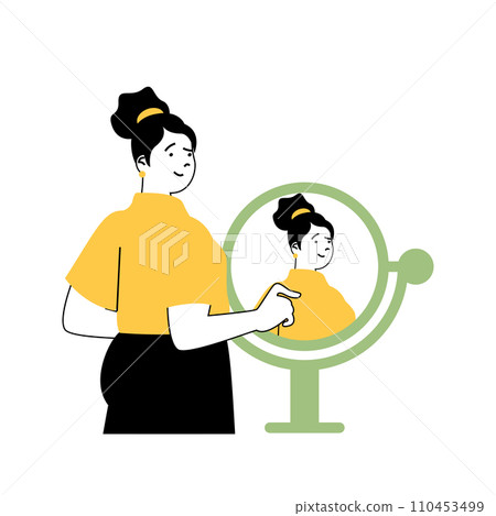 Beauty salon concept with cartoon people in flat design for web. Woman getting hairstyle and stylish makeover and looking in mirror. Vector illustration for social media banner, marketing material. Beauty salon concept with cartoon people in flat design for web. Woman getting hairstyle and stylish makeover and looking in mirror. Vector illustration for social media banner, marketing material. 110453499