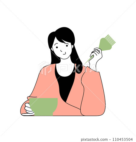 Beauty salon concept with cartoon people in flat design for web. Hairdresser with bowl and brush making professional coloring hair. Vector illustration for social media banner, marketing material. Beauty salon concept with cartoon people in flat design for web. Hairdresser with bowl and brush making professional coloring hair. Vector illustration for social media banner, marketing material. 110453504