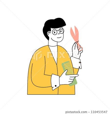 Beauty salon concept with cartoon people in flat design for web. Man with comb and scissors works as hairdresser and making hairstyle. Vector illustration for social media banner, marketing material. 110453547