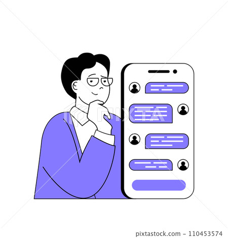 Teamwork concept with cartoon people in flat design for web. Man chatting with colleagues in mobile app, discussing work strategy. Vector illustration for social media banner, marketing material. 110453574