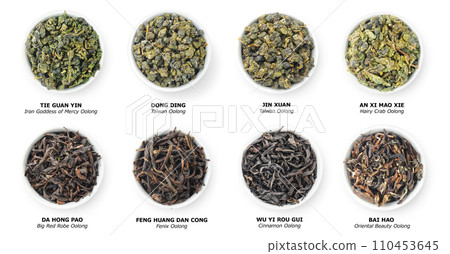 Collection of Chinese oolong teas, loose dries leaves in bowls, top view, isolated on white Collection of Chinese oolong teas, loose dries leaves in bowls, top view, isolated on white 110453645