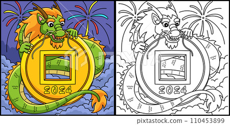 Year of the Dragon with 2024 Coin Illustration Year of the Dragon with 2024 Coin Illustration 110453899