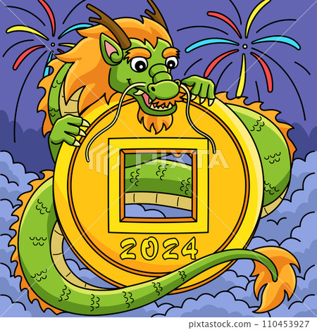 Year of the Dragon with 2024 Coin Colored Cartoon Year of the Dragon with 2024 Coin Colored Cartoon 110453927