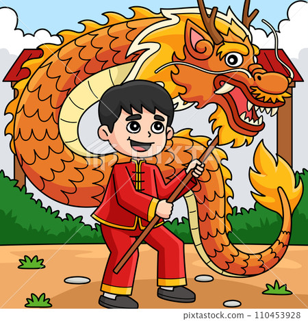 Year of the Dragon Dance Kids Colored Cartoon Year of the Dragon Dance Kids Colored Cartoon 110453928