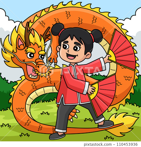 Year of the Dragon Chinese Girl Colored Cartoon Year of the Dragon Chinese Girl Colored Cartoon 110453936
