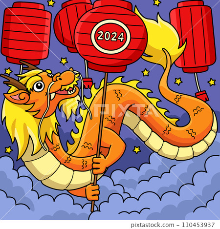 Year of the Dragon Lanterns Colored Cartoon  110453937