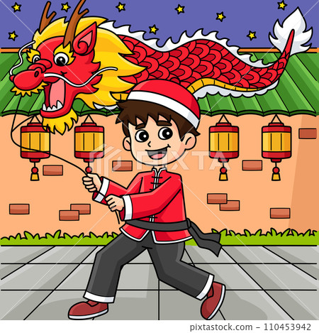 Year of the Dragon Boy with a Lantern Colored Year of the Dragon Boy with a Lantern Colored 110453942
