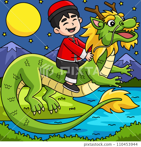 Year of the Dragon Boy Riding a Dragon Colored  110453944