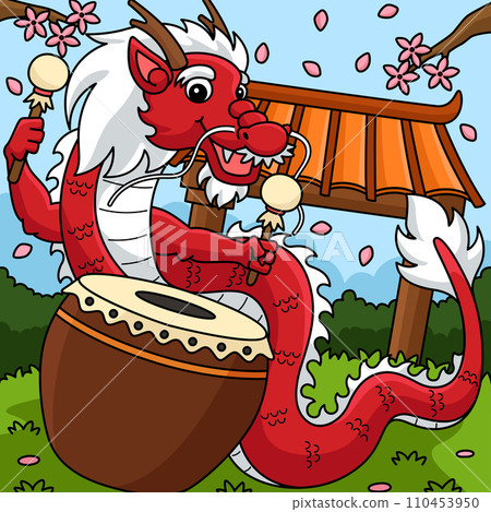 Year of the Dragon Playing Drums Colored Cartoon Year of the Dragon Playing Drums Colored Cartoon 110453950