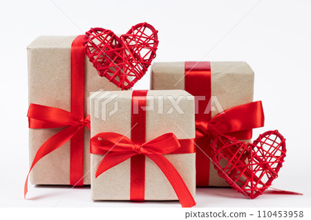 Gift boxes with red ribbon and hearts. Valentine's day Gift boxes with red ribbon and hearts. Valentine's day 110453958