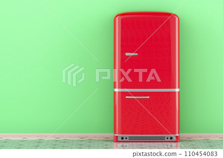 Closed Red Fridge, retro design in room, front view. 3D rendering 110454083